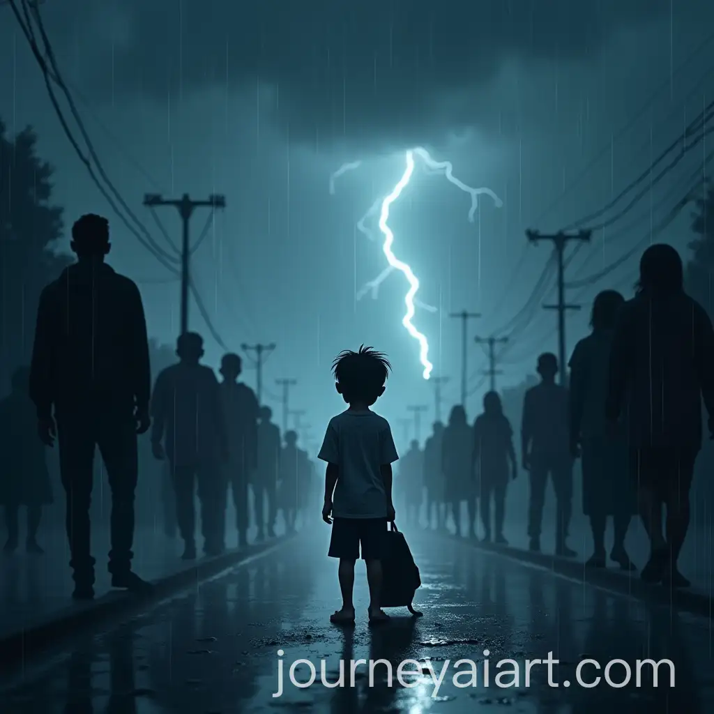 Lonely-Boy-Standing-in-Rainy-Foggy-Street-Surrounded-by-Shadowy-Figures