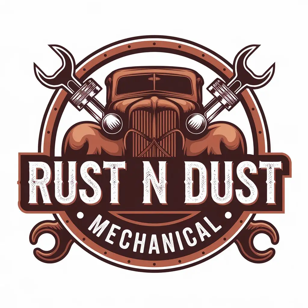 LOGO Design For Rust n Dust Mechanical Old Rusty Car Pistons and Spanners Theme