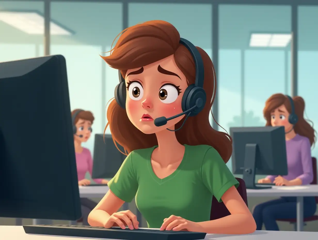 A young woman of European appearance with brown hair, wearing a green T-shirt and headphones with a microphone, sits at a call center desk. She looks at the computer screen and is a little upset.   The office background shows other employees busy at their desks, creating a lively work environment. Pixar style