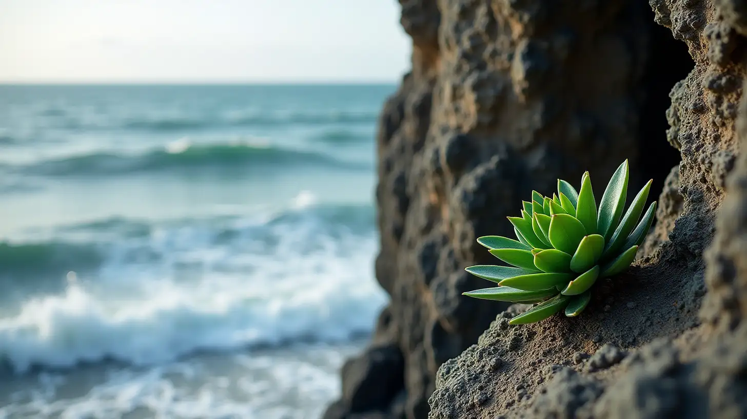 a resilient beautiful plant growing through a rocky cliff face with a tumultuous sea visible below