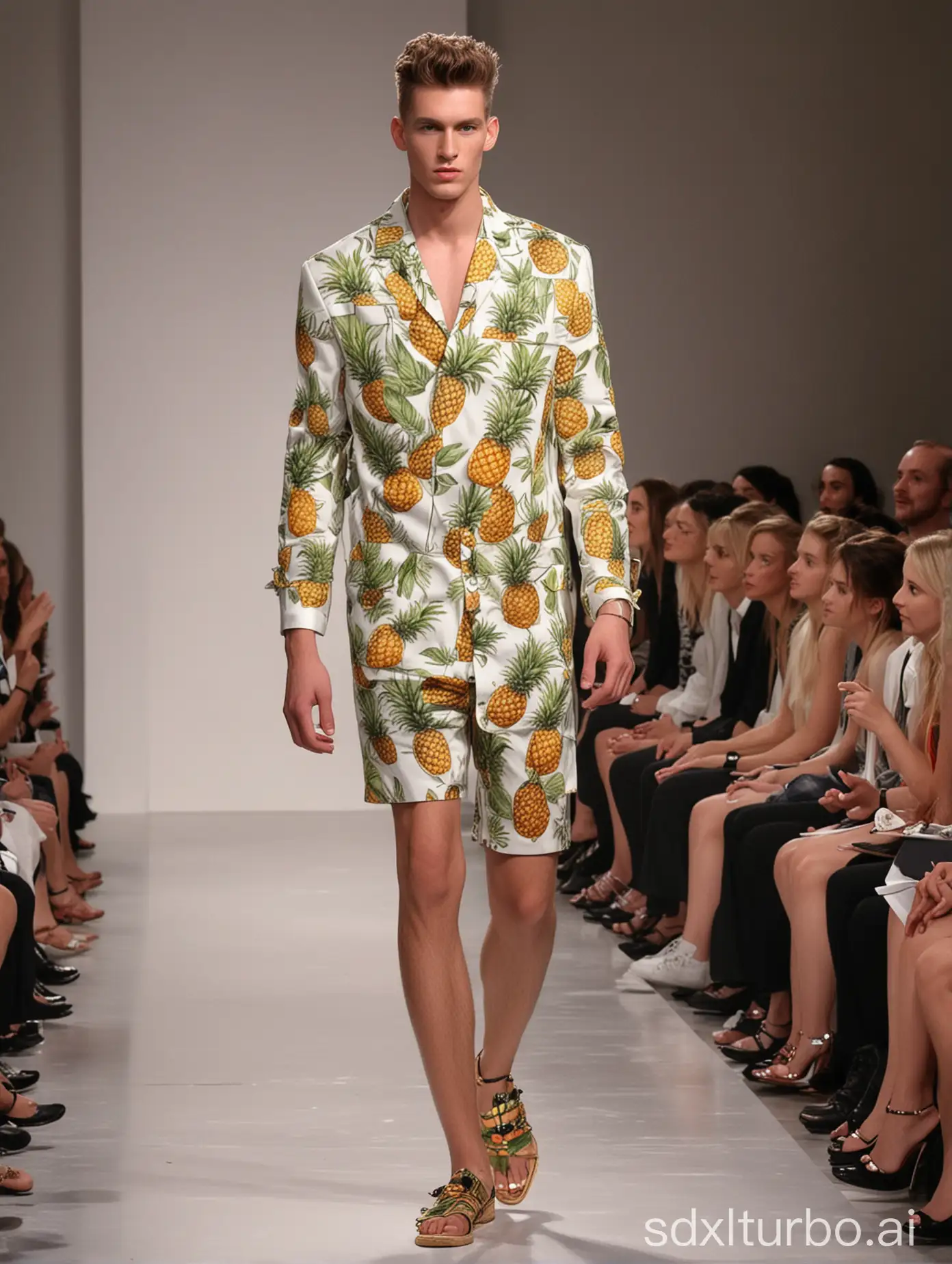 Pineapple at Paris Collection  🍍 A top male model walking the runway, Top model walking, (Full body image), (Audience on both sides), Paris Collection Runway, Pineapple, Paris Collection Runway, (Unusual Fashion), Out-of-the-ordinary fashion, flashy fashion, Paris collection. in sketch