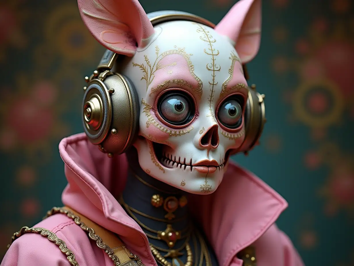 Cyber Totenkopf with headphones with glass eyes, porcelain and pink with golden ornaments Steampunk 100 mm Capture