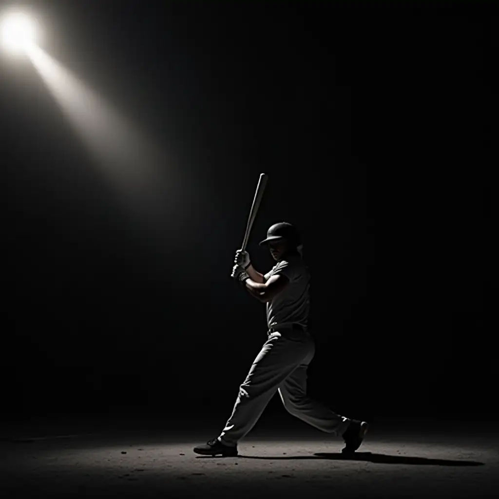 A dramatic sports photograph of a baseball player captured in silhouette, poised in a powerful stance with a bat raised high, ready to make contact with an incoming pitch. The player’s muscular frame is accentuated against the stark contrast of the background, which is a deep, inky black, allowing the silhouette to stand out strikingly. A brilliant beam of light, almost white, emanates from the left side of the image, mimicking a spotlight and illuminating the player’s form, creating a sense of urgency and action. Below, a subtle horizontal line of light gray suggests the boundary of the baseball field, grounding the scene and providing context. The lighting casts a dramatic shadow, enhancing the intensity of the moment. The overall vibe is one of anticipation and athleticism. Shot with a low angle perspective to emphasize the player’s strength and the dynamic nature of the swing, this image is characterized by high contrast, crisp lines, and a matte finish, evoking the essence of a classic sports moment, reminiscent of vintage sports photography, shot on a Canon EOS R5, 50mm lens.