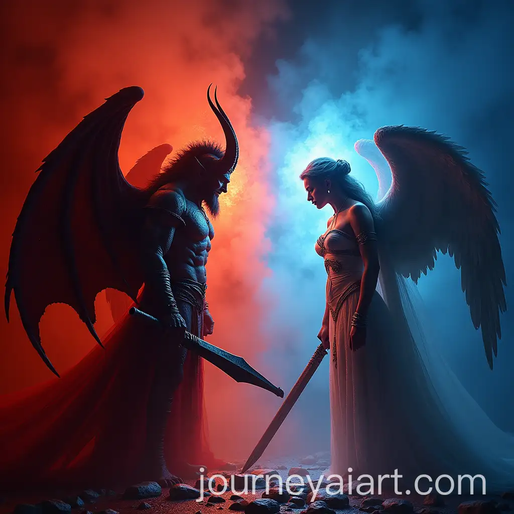 Ruler-Demon-and-Leader-Angel-Facing-Off-in-Shimmering-Red-and-Blue-Backgrounds