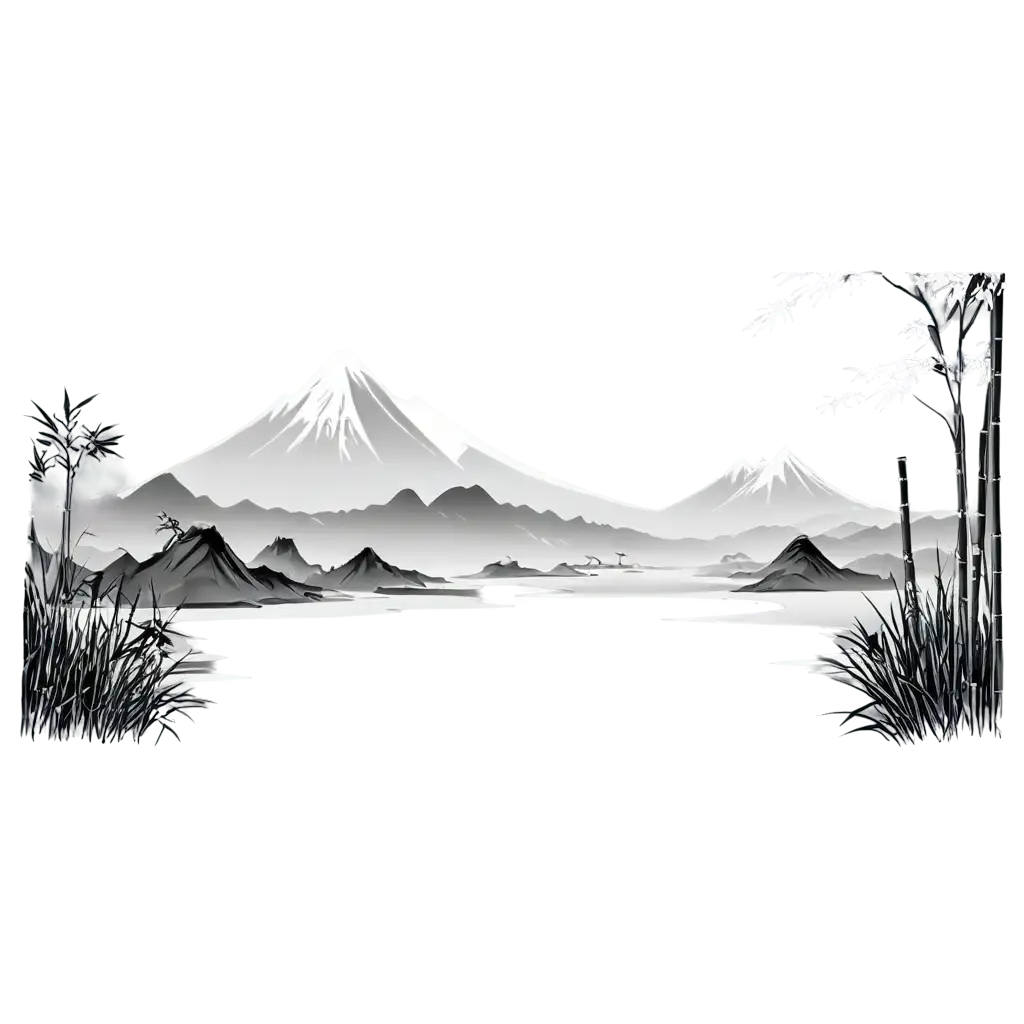 Gray-Chinese-Landscape-PNG-with-Mountains-Cranes-and-Bamboo-HighQuality-Transparent-Background