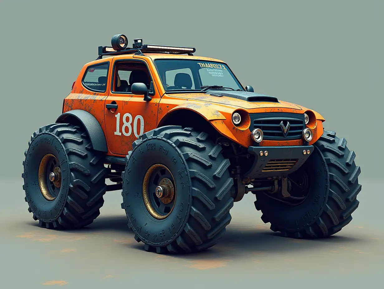 Create a crazy vehicle with twisted body and large Cyberpunk wheels.