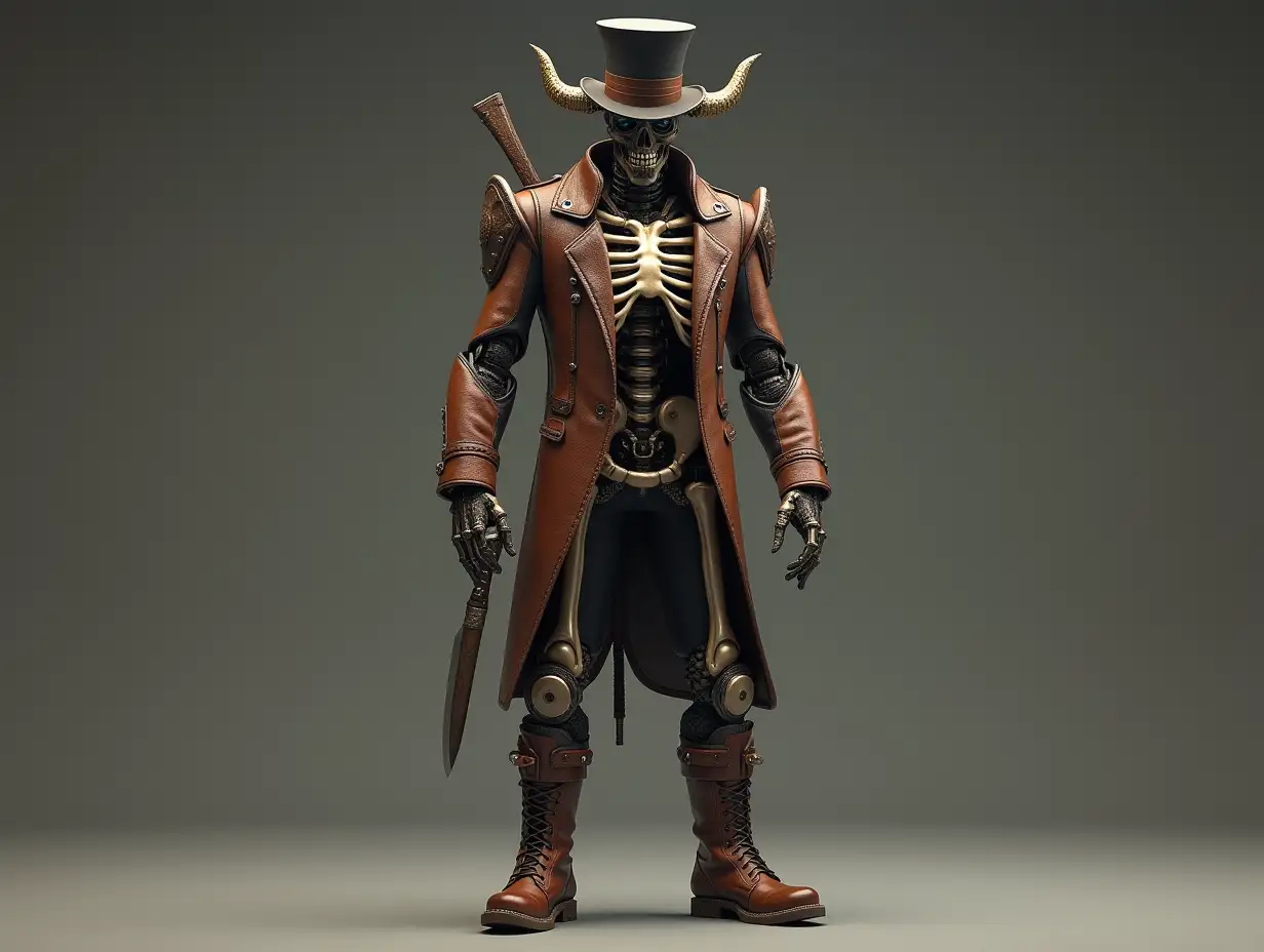 Create a high-resolution, realistic image of a robot with a skeletal body, brown leather boots and a head of a fashion training suit, and a knife in hand with a top hat and a horn in 4K resolution