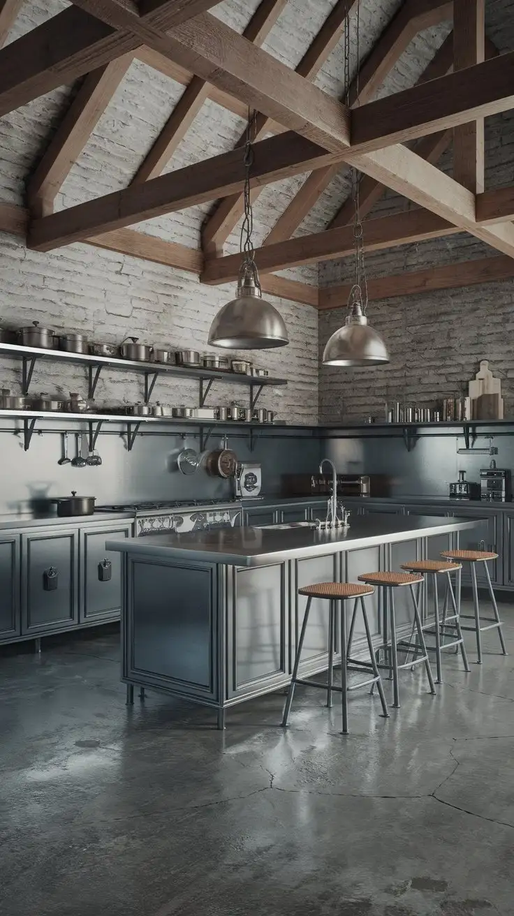 Industrial-Barn-House-Kitchen-with-Stainless-Steel-and-Exposed-Brick-Walls