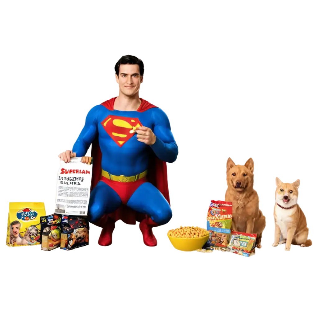 Superman-Selling-Cat-and-Dog-Food-PNG-Image-HighQuality-Image-for-Pet-Product-Marketing