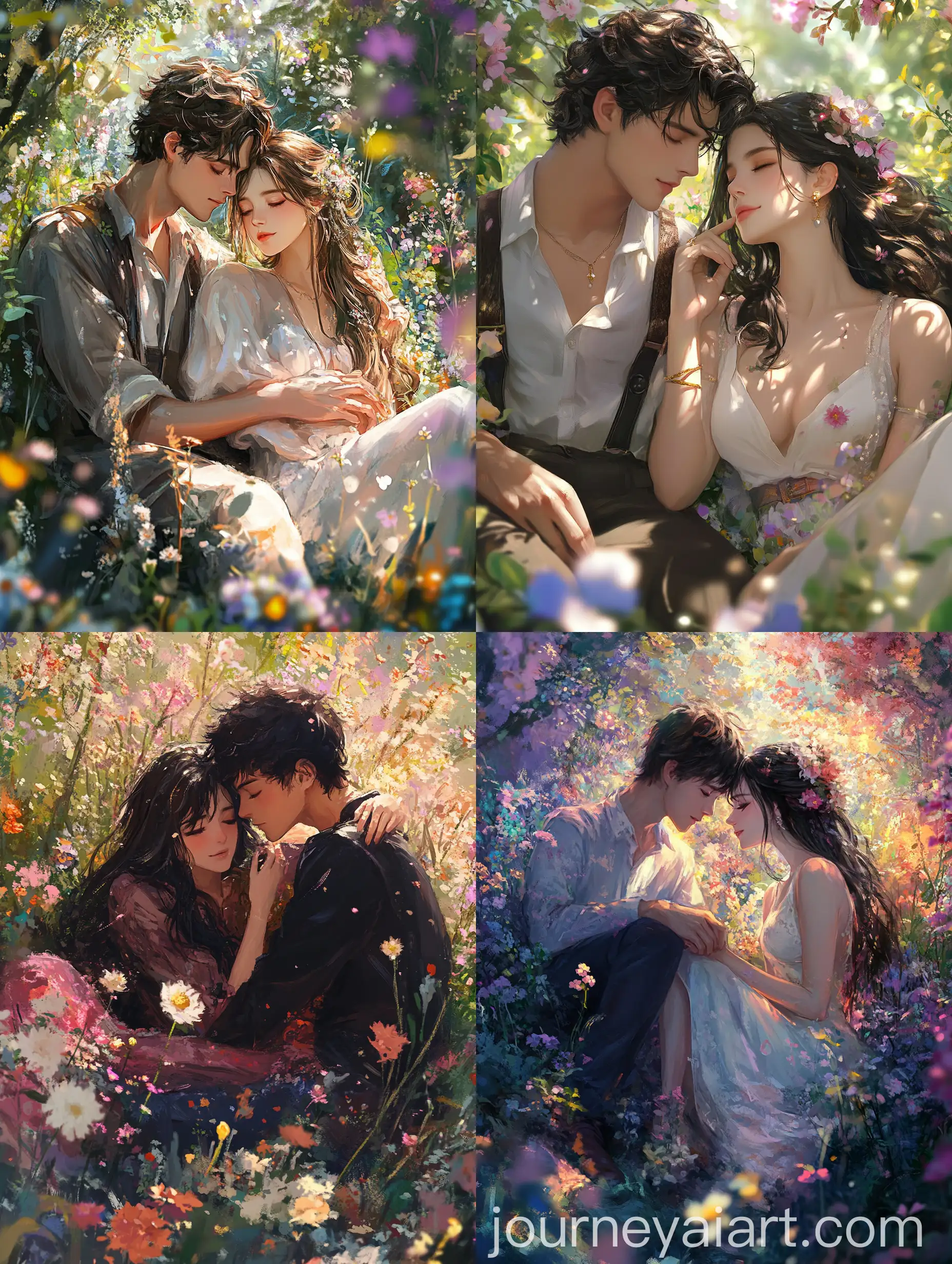 Romantic-Couple-Sitting-in-a-Flower-Garden