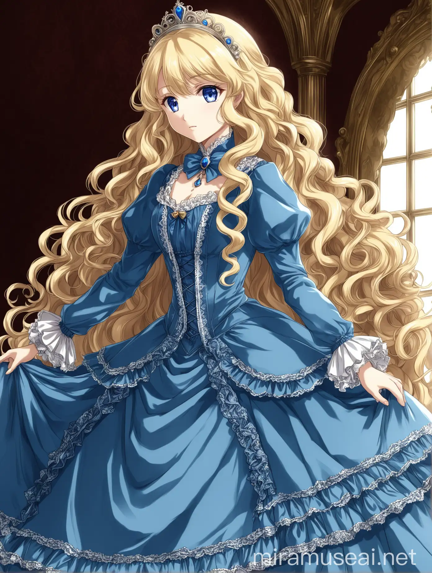 Victorian Princess Anime Girl with Long Curly Blonde Hair in Blue Dress