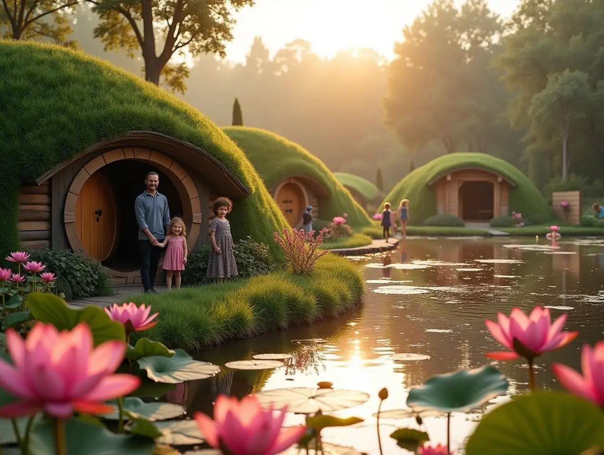 close-up - a guy holds one half of a round door by the door handle and opens it slightly into a hobbit house, and a girl and a child are standing next to him - they are all happy, the hill of the hobbit's house is not big, and to their right there is a view of the shore of a large pond with large pink water lilies, and on the edge of the shore near the water a man and a child are playing, on the other side of the pond with large pink water lilies children and other people are walking and playing by the water, on the other side there is also a simple a wooden pergola and a chalet house with panoramic windows in all walls from floor to roof, that is, each wall is a panoramic window, everything else around the pond is a minimalist landscape design, a sunset sunny day and a lot of sunset sunlight, The foreground is in focus and the background is blurred