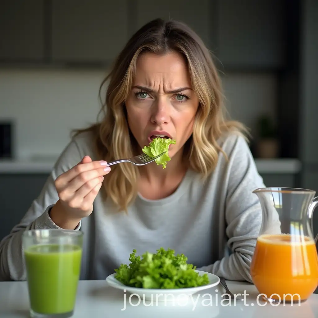 Woman-Reluctantly-Eating-Lettuce-in-Modern-Kitchen
