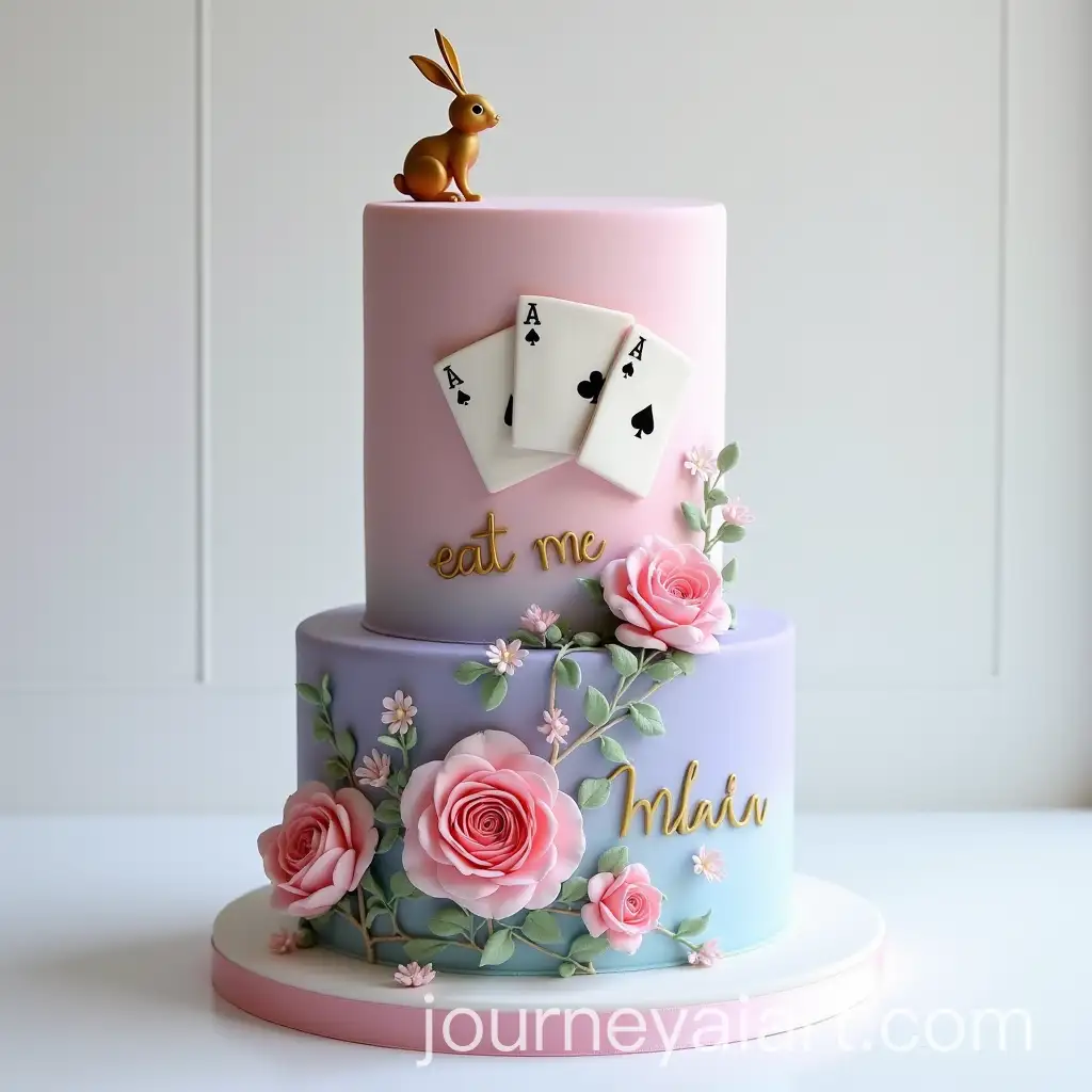 Alice-in-WonderlandThemed-Pastel-Cake-with-Playing-Cards-and-Golden-Inscription