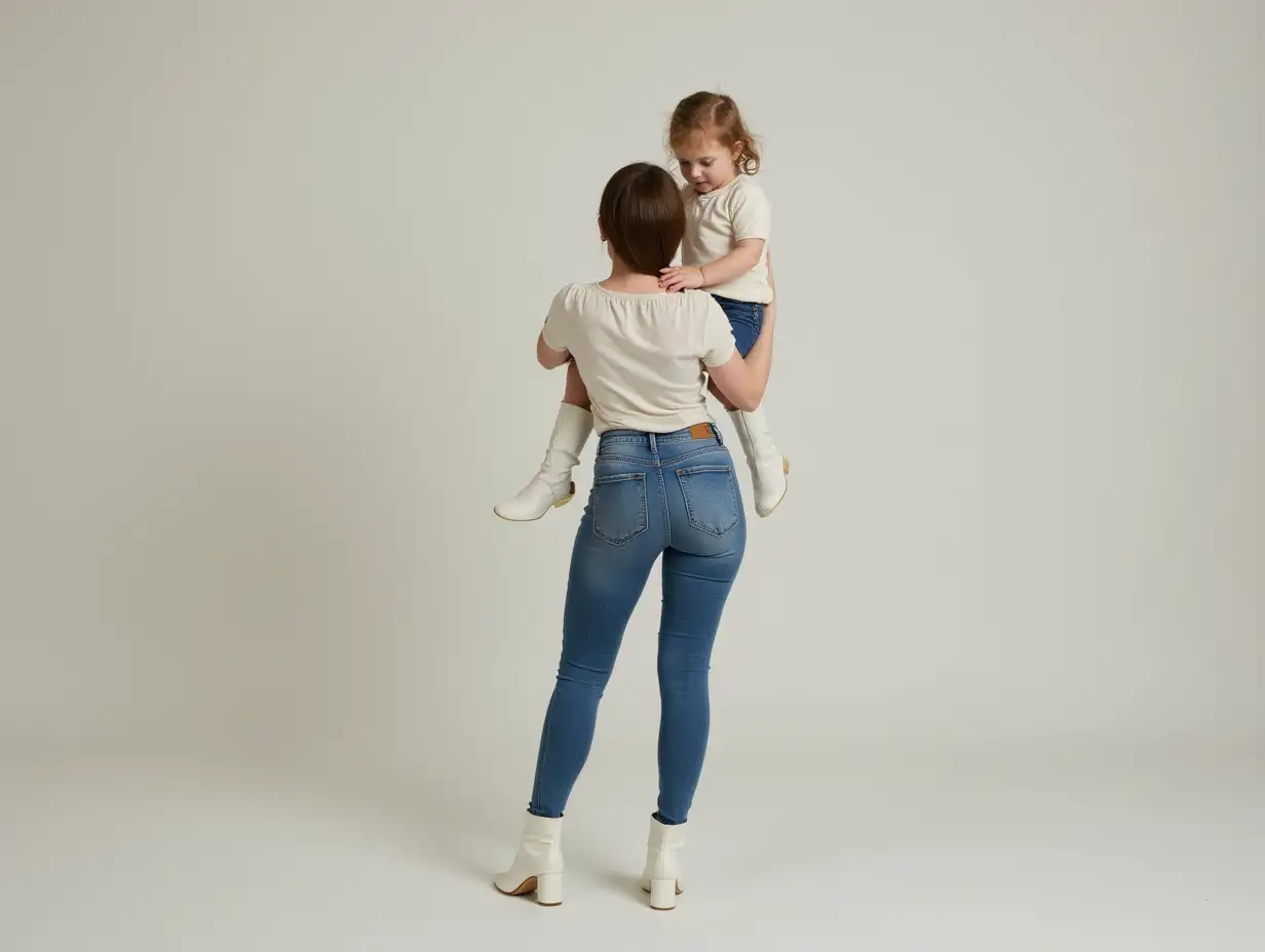 Woman in blue jeans and white over the knee pointy boots, hip lift carry (front lift) girl on her arms like a baby, standing.