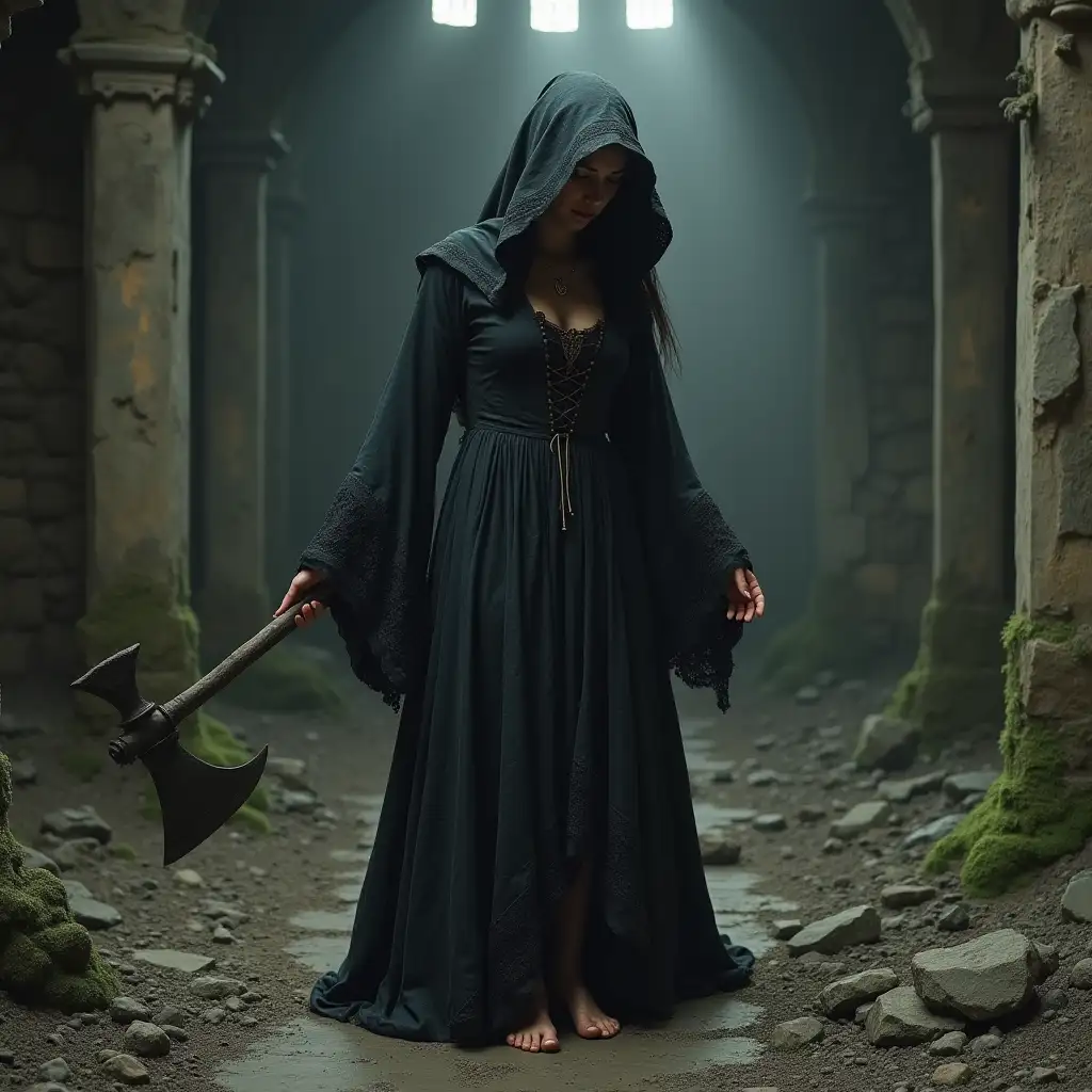 Old witch old dress with feet with warts in a palace ruin with axe in the hand