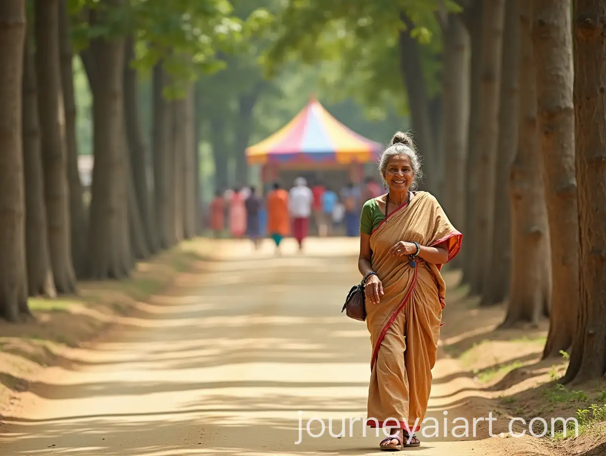 Elderly-Woman-Walking-on-a-Sunny-Path-Near-a-Party-Tent