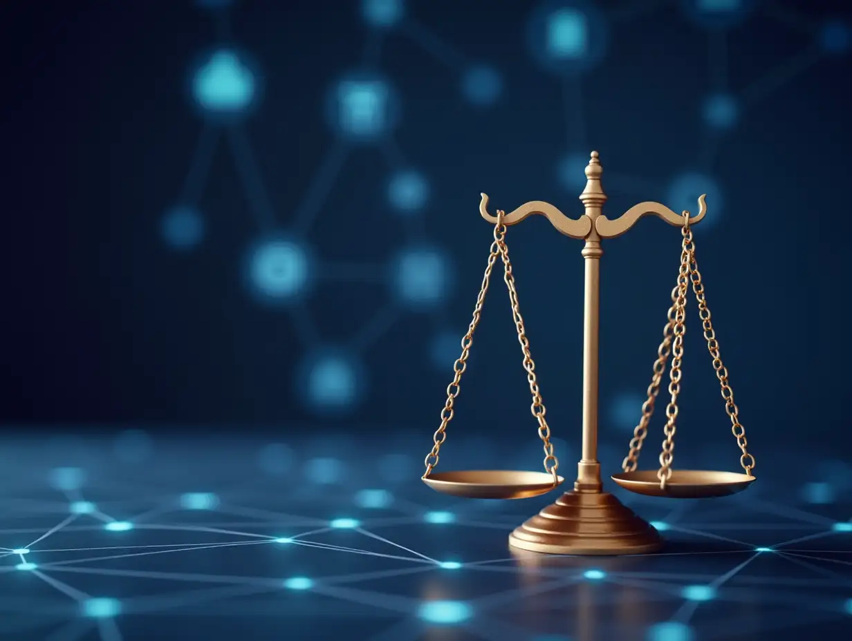 A hyperrealistic photograph of a golden scale of justice resting on a modern surface. In the background, a digital network with various icons is displayed, representing the integration of technology and justice in today's world. The color palette should consist of deep indigo/purple-blue, white, and light gold, conveying fairness, integrity, and technological advancement. The overall message is that this platform helps to create balance and justice in the digital space. The entire image should have a photorealistic quality, with a focus on detail and realism.