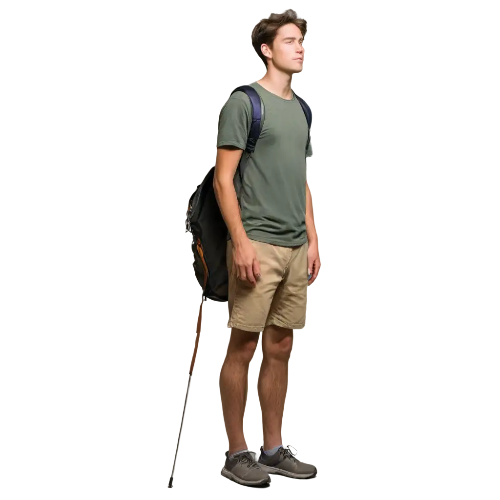 A photorealistic image of a young adult male named Jeremiah, 6 ft tall, with brown hair and olive skin, dressed in khaki shorts and a green t-shirt with hiking gear. He stands facing the wall about five feet back from the base of the steep wall at an angle looking up at its 40-foot height with his side and face visible in the pic. It's early morning with clear skies, and the landscape around him is well lit. The suburban cityscape is visible from where he is standing.