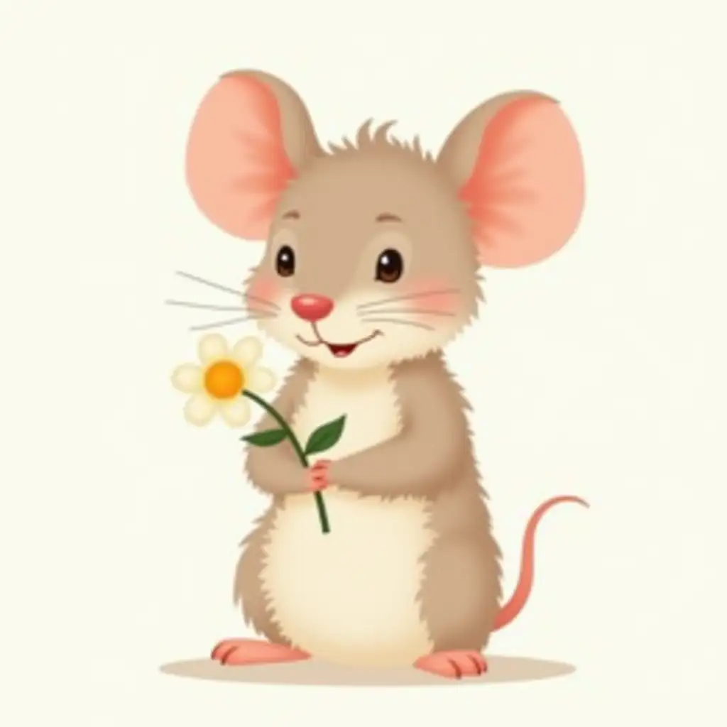 Adorable Clipart Illustration of a Mouse Holding a Simple Flower