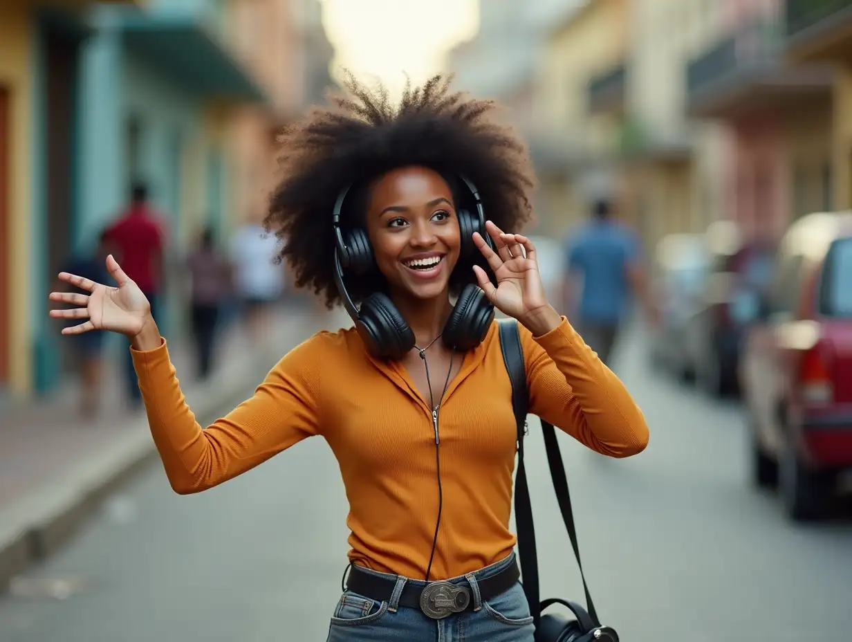 Young-Caribbean-Girl-Dancing-with-Headphones-on-Urban-Street