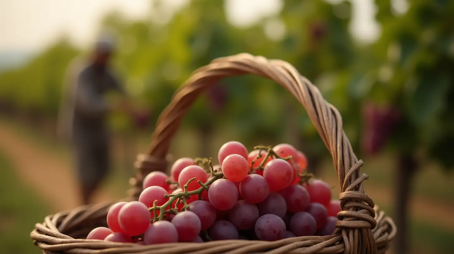 Harvesting Grapes in Biblical Era Farmer Gathering Grapes Closeup