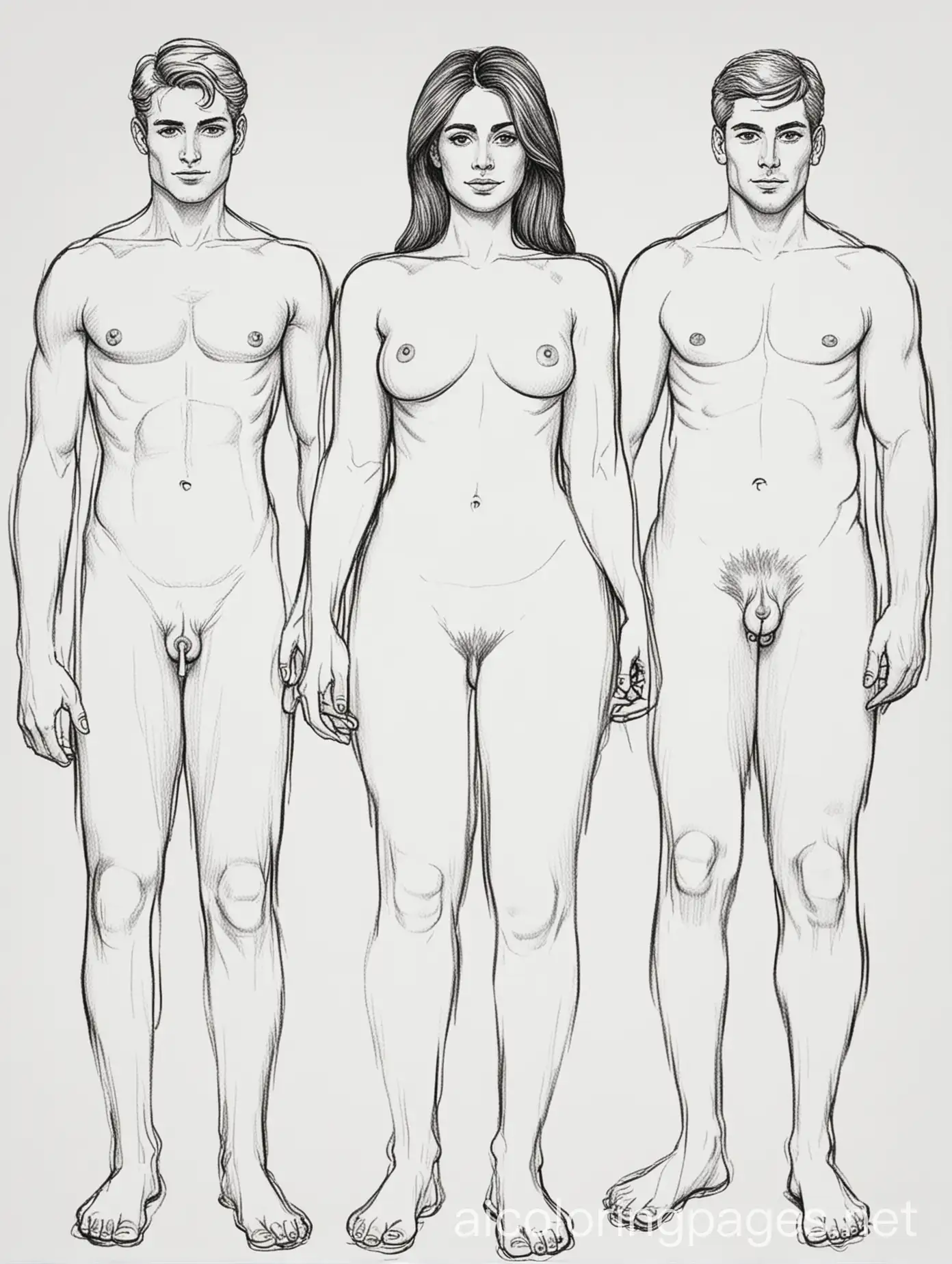 Coloring-Page-Naked-Woman-with-Two-Men-Black-and-White-Line-Art