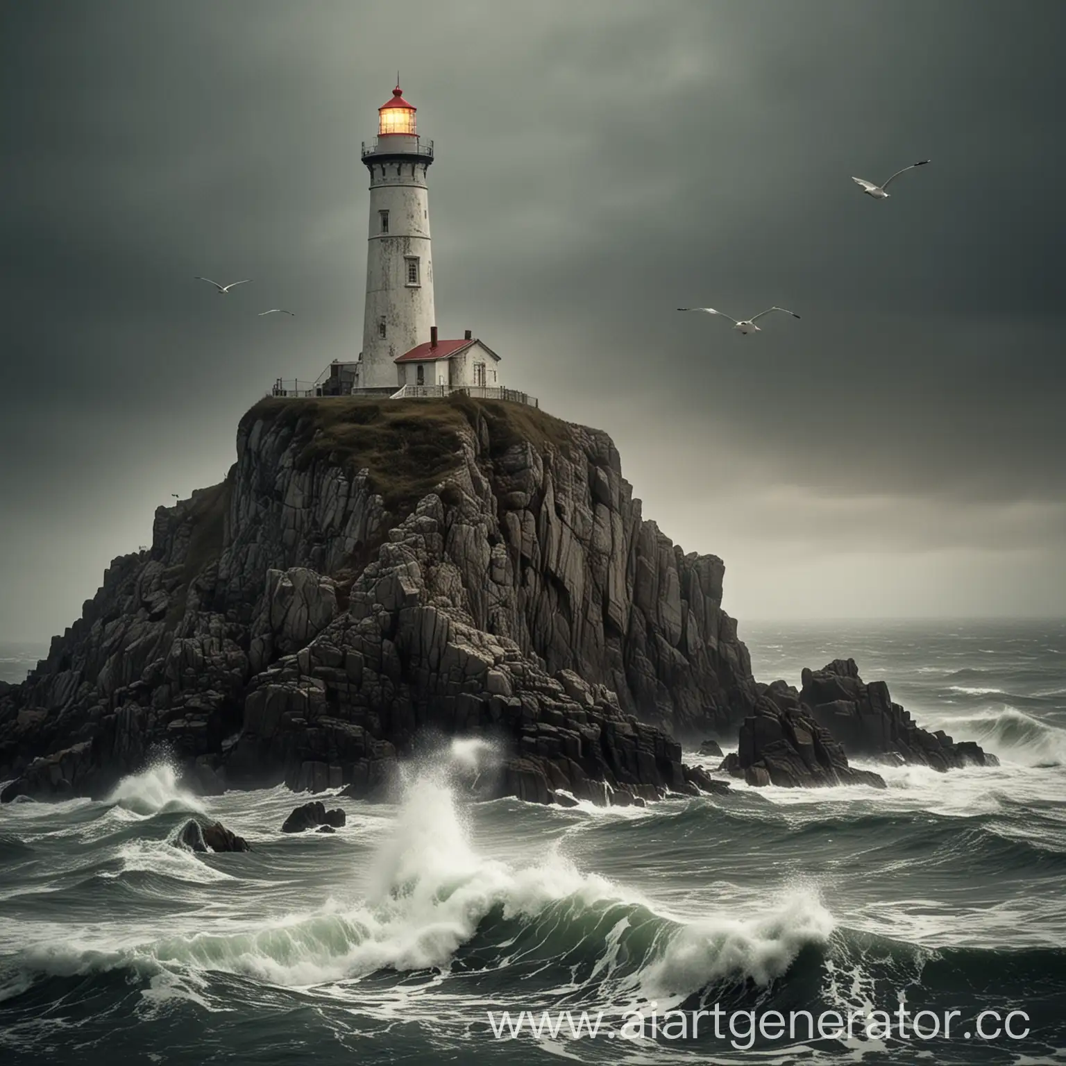 Stormy-Sea-Morning-Desolate-Lighthouse-and-Sailboat-in-Tempest