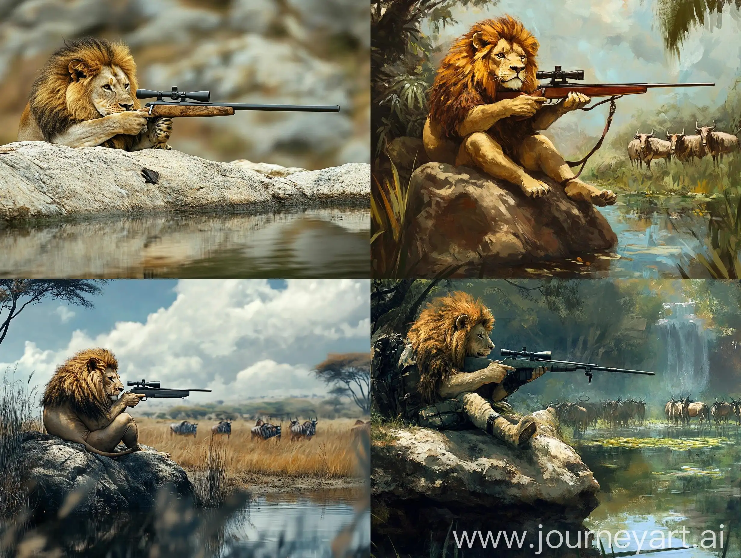 Lion-with-Sniper-Rifle-Hunting-near-Pond