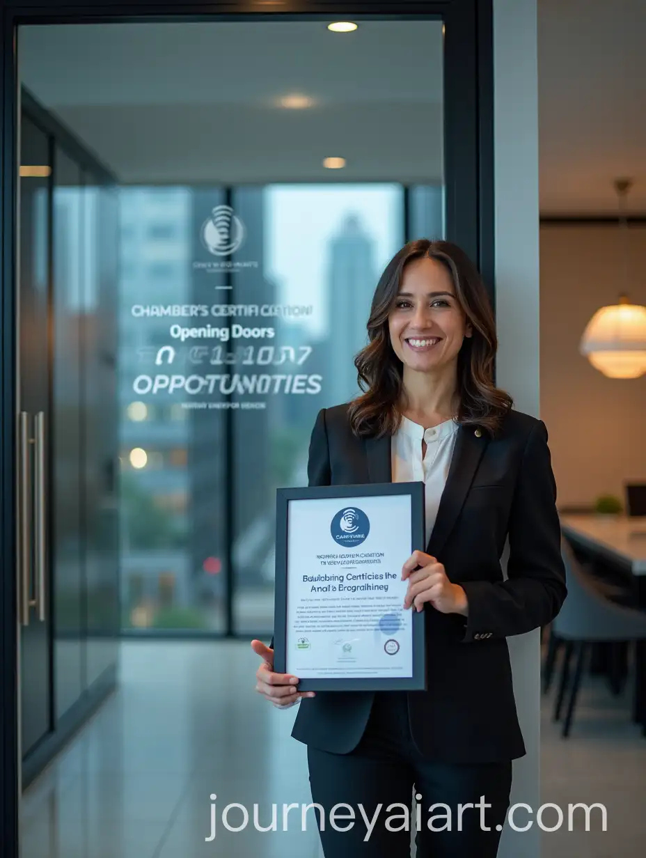 Confident-Interior-Designer-Celebrating-Chamber-Certification-in-Front-of-Modern-Office-Building