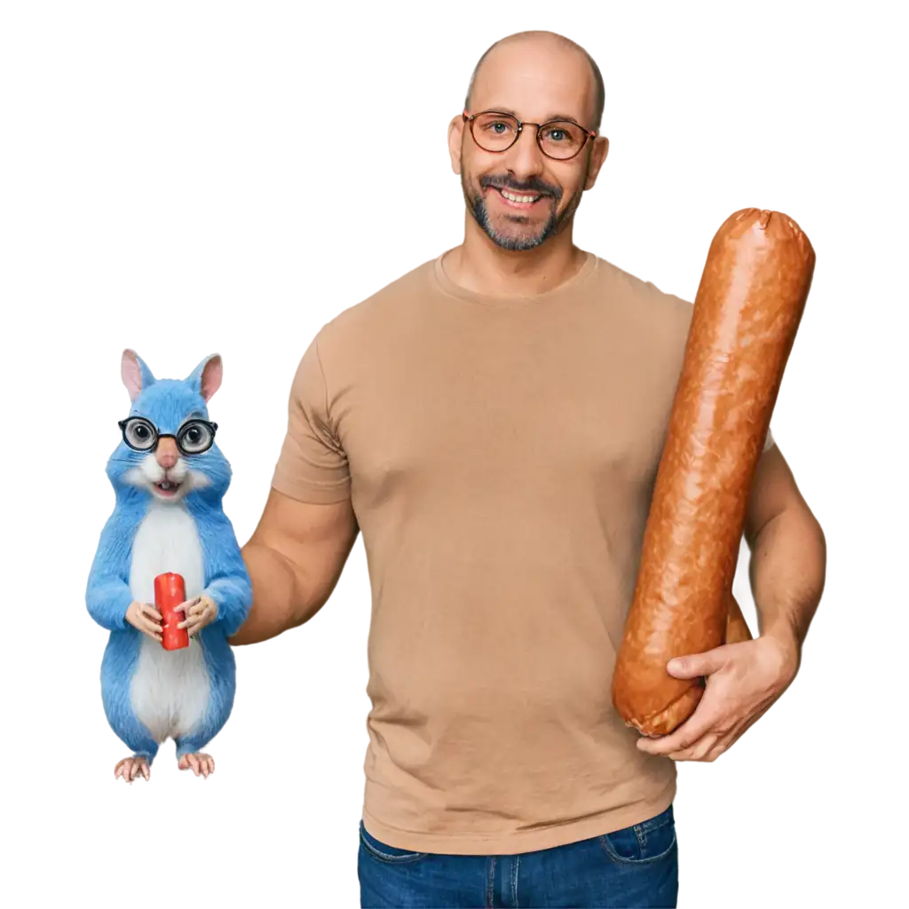 Unique-PNG-Image-Man-Holding-a-Sausage-and-a-Blue-Squirrel-with-Glasses