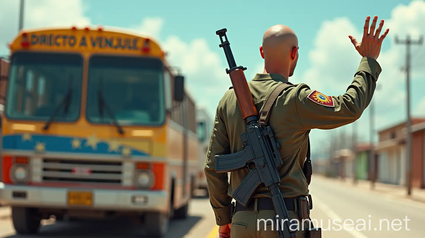 Young Guerrilla Soldier Boarding Bus to Venezuela in Villahermosa Tabasco Mexico