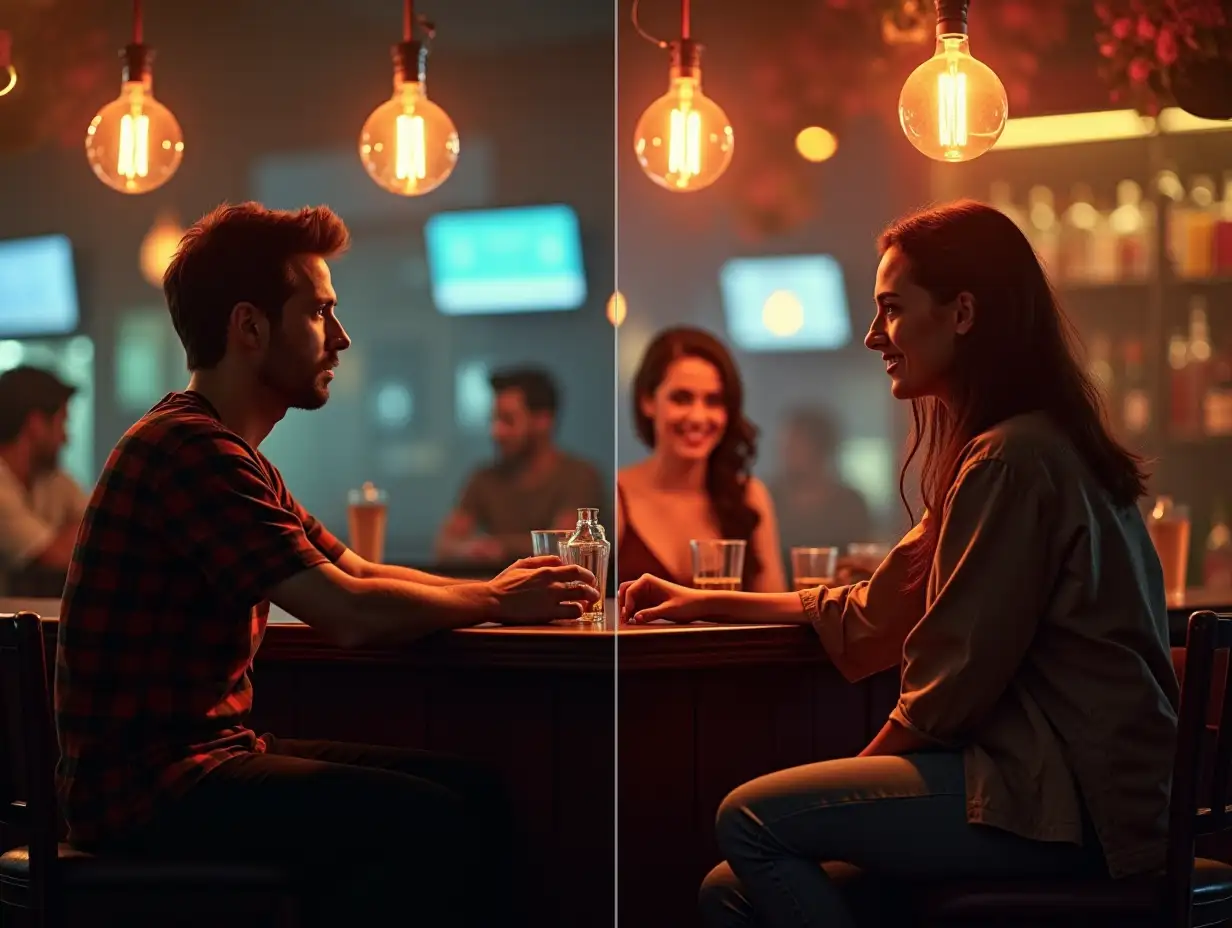 A split-screen visual showing two scenarios. On one side, a man sits alone at a bar, staring longingly at a woman across the room without making a move—his posture shows hesitance, shoulders hunched. On the other side, the same man approaches the woman with confidence, smiling as he starts a conversation. The woman responds positively, showing that the man’s active mindset leads to success, while passivity leaves him in the 'death row' of missed opportunities.