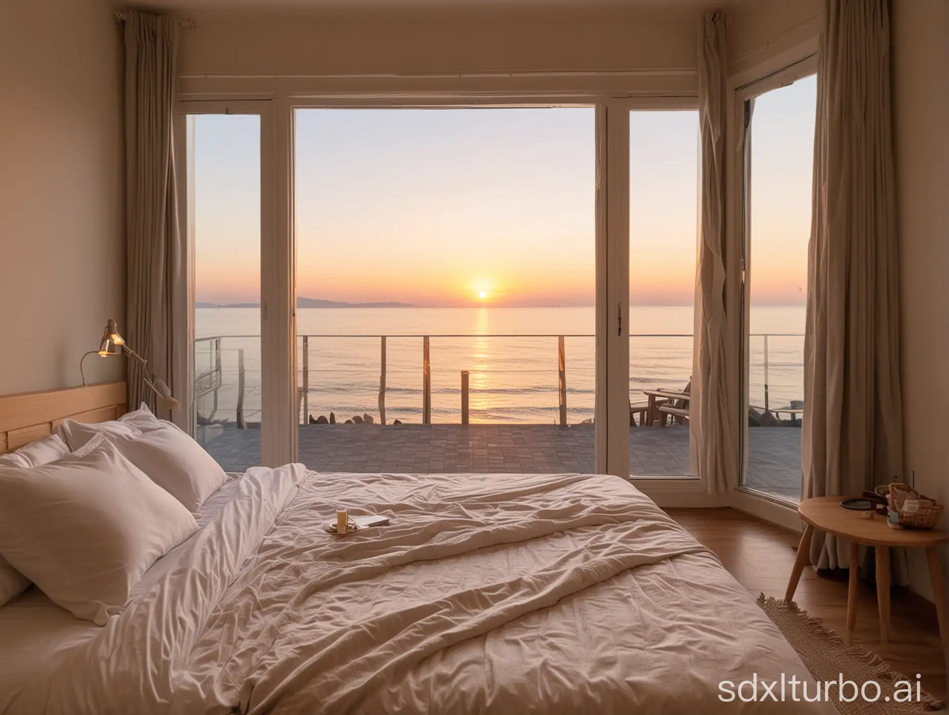 You can see the sunrise at the seaside outside the floor to ceiling window. The room is a comfortable bed with a warm and romantic atmosphere,and there is a leisure table on the bed with snacks on it,Wide Angle，medium Angle