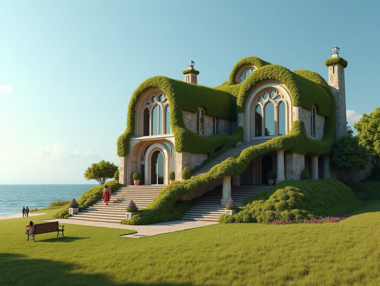 Crooked house with people on a large meadow Planted-with stucco in the shape of plant decoration, large windows with glass closed, curved, smooth window shapes, winding grand entrance staircase from marble complex, curved roof with dike, lanterns, bench by the beach with lend their view to the sea 4K resolution colorful super wide-angle shots