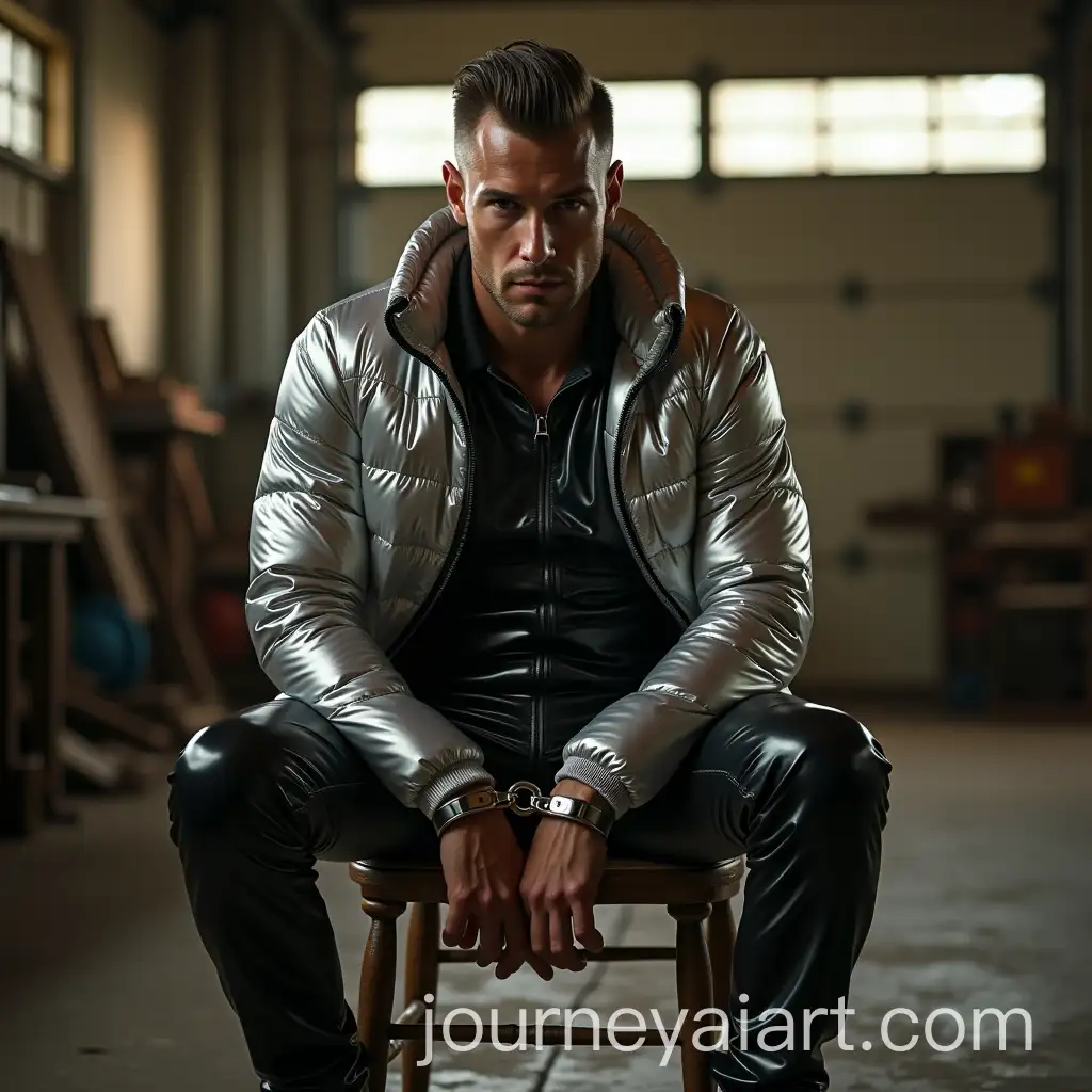 Muscular-Athlete-Handcuffed-in-Vintage-Garage-with-Dramatic-Lighting