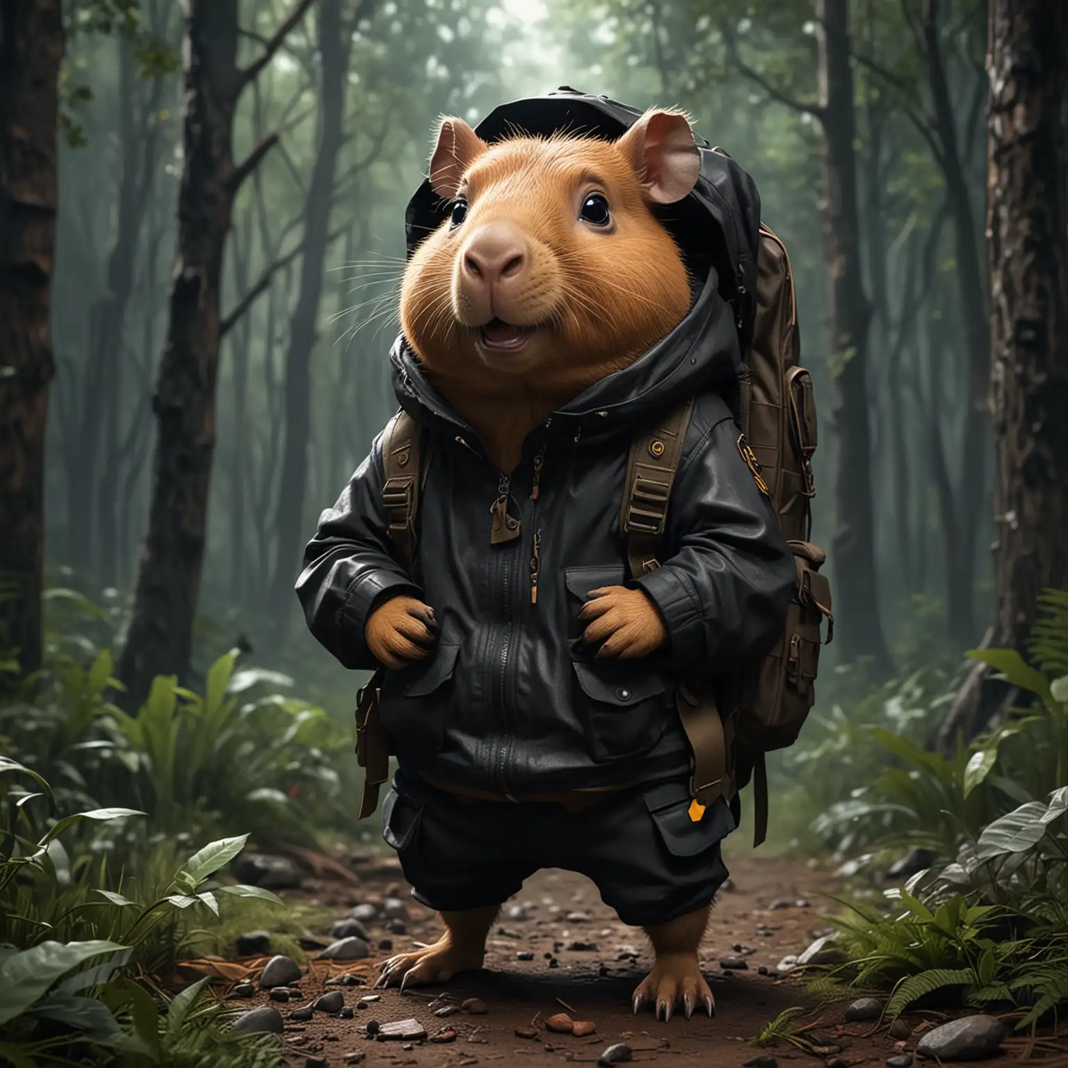 /imagine A capibara  crying face, full body, wear  black explorer's outfit and backpack detailed, cartoon style, dark in the forest background