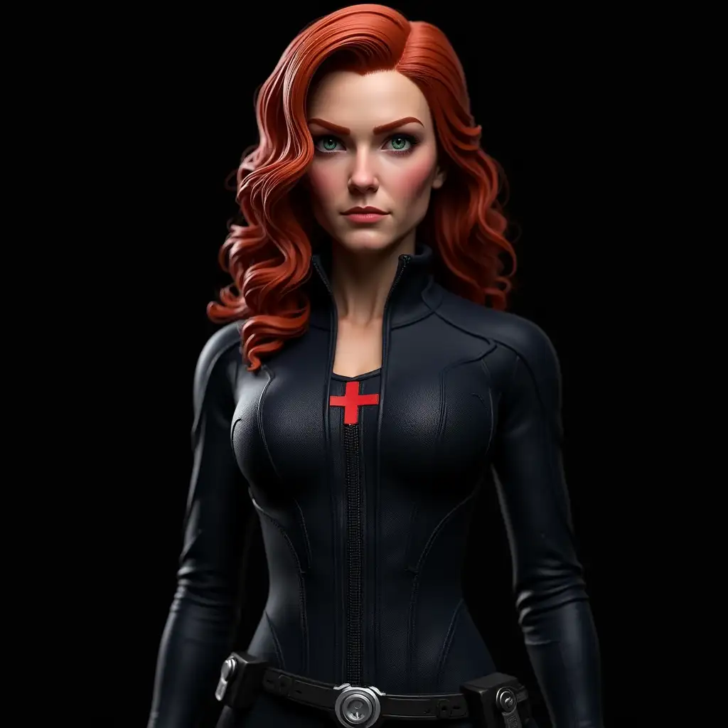 This image is a high-resolution CGI rendering of a character from the Marvel Cinematic Universe, specifically Black Widow. The image is a close-up of the character's upper body and head, set against a solid black background, which creates a dramatic and intense focus on the subject. The character is a Caucasian woman with fair skin and striking red hair, styled in loose, voluminous curls that cascade over her shoulders. Her expression is intense, with piercing green eyes and a slight frown, emphasizing her determination and focus. She is dressed in a tight, form-fitting black bodysuit with a zipper running from her neck to her waist. The suit is made of a textured, shiny material that highlights her athletic physique. A red hourglass pattern is visible on the suit's back, likely a symbolic nod to her alter ego. Around her waist, she wears a black utility belt with various pouches and a circular object that appears to be a communication device. The lighting in the image is focused on the character, casting subtle shadows that accentuate the contours of her body and the texture of her suit. The overall effect is one of strength, readiness, and secrecy, characteristic of the character's role in the Marvel universe. The image is a portrait of a woman with long red curly hair. She is wearing a dark blue suit with a red cross on the chest and a black belt with a silver buckle. The woman is looking directly at the camera with a serious expression on her face. The background is black, making the woman the focal point of the image. The image appears to be a promotional poster for a movie or TV show.