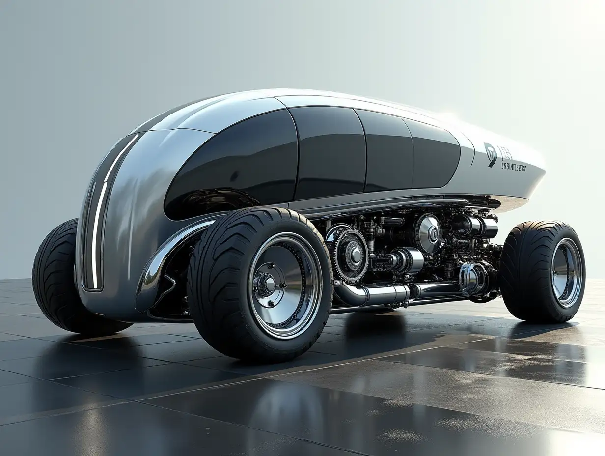 A supermodern utopian sportomnibus with gears, aluminum wheels, wide tires, black and white ,and silver colors,utopian, silver-black striped, chrome-wheels, Cyberpunk