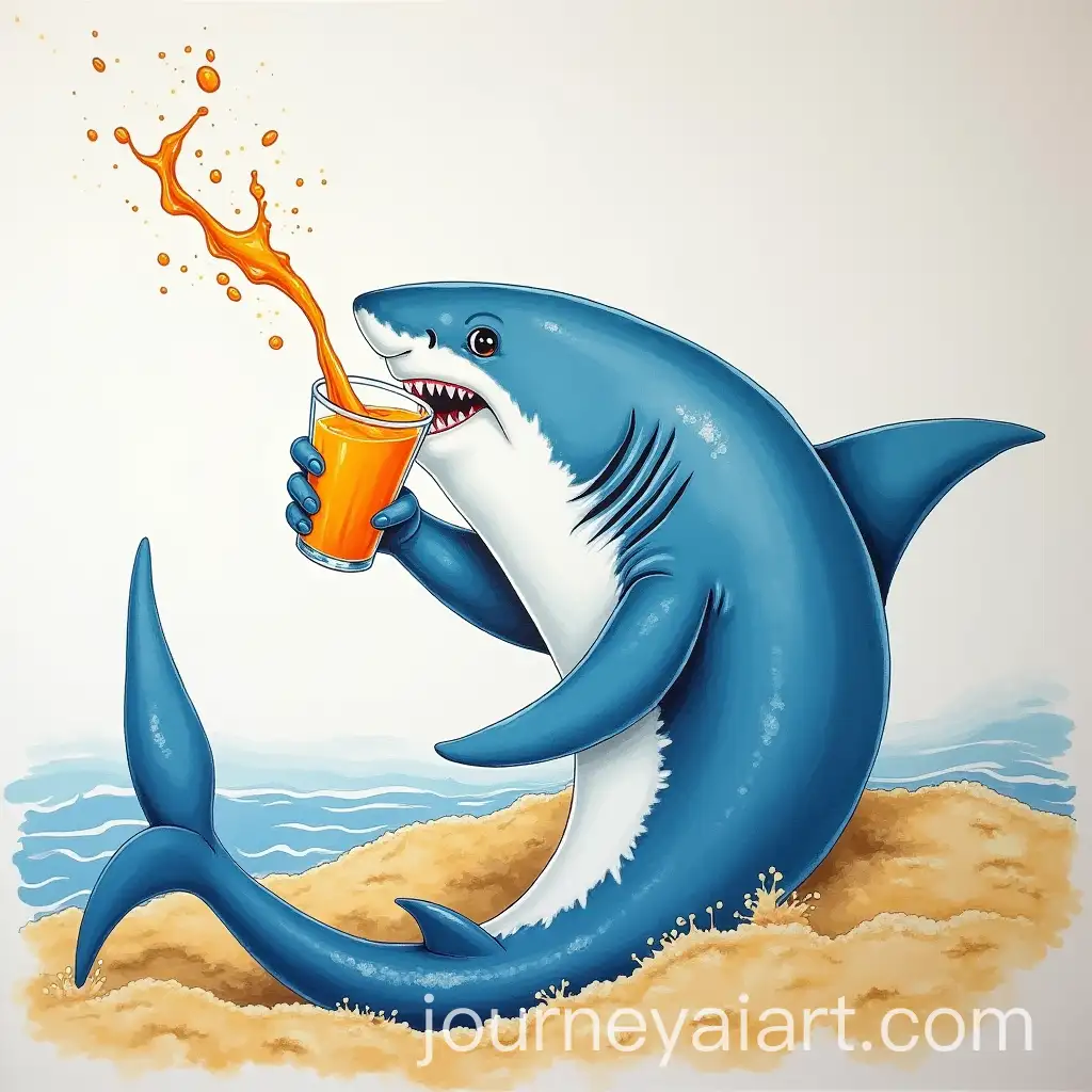 Shark-Drinking-Orange-Juice-with-Splash-in-Blue-Sea-and-Yellow-Sands-Cafe