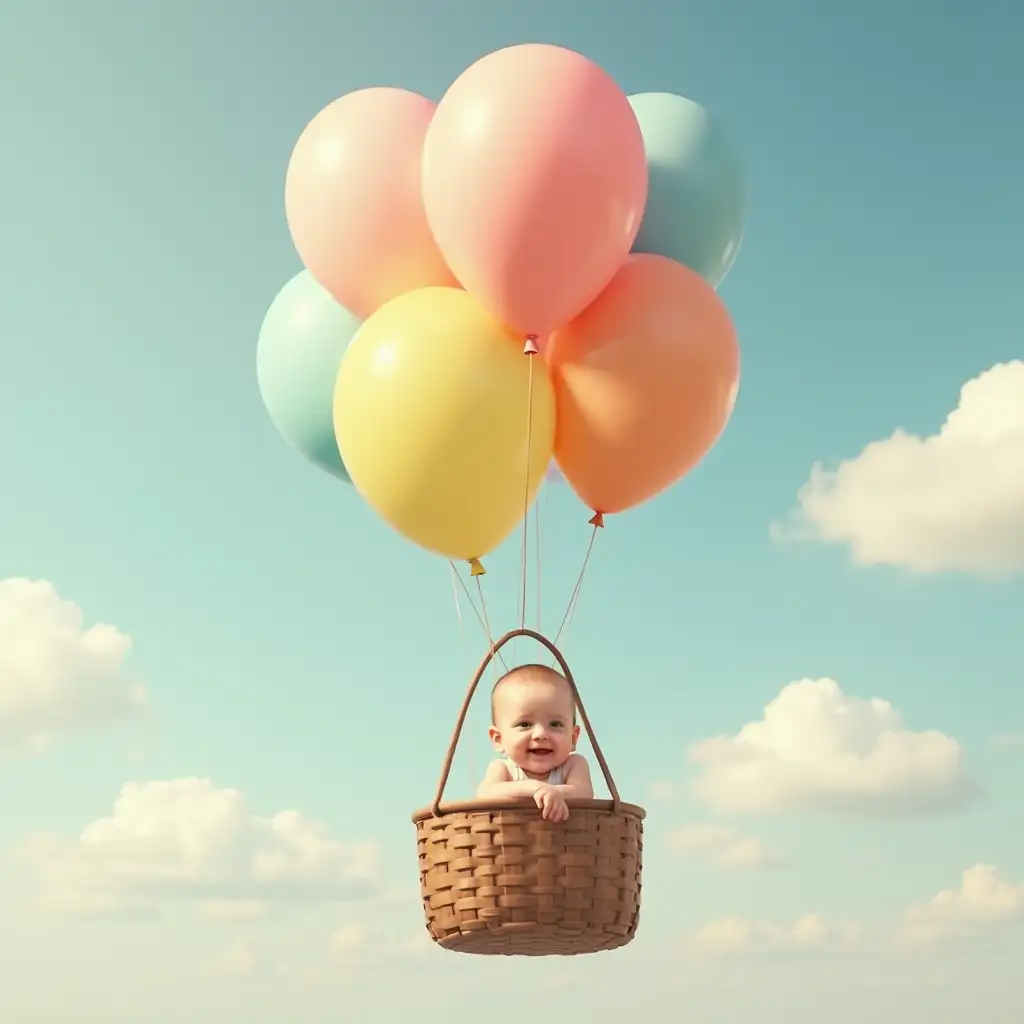 baby in a wooden basket, bunch of hyper realistic balloon parachute , floating in sky