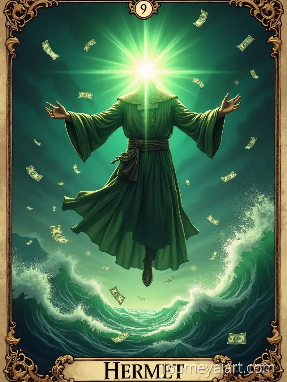 The-Hermit-Tarot-Card-LevitAI-Art-Prompt-Expansionating-Above-an-Ocean-of-Money-with-Emerald-Light