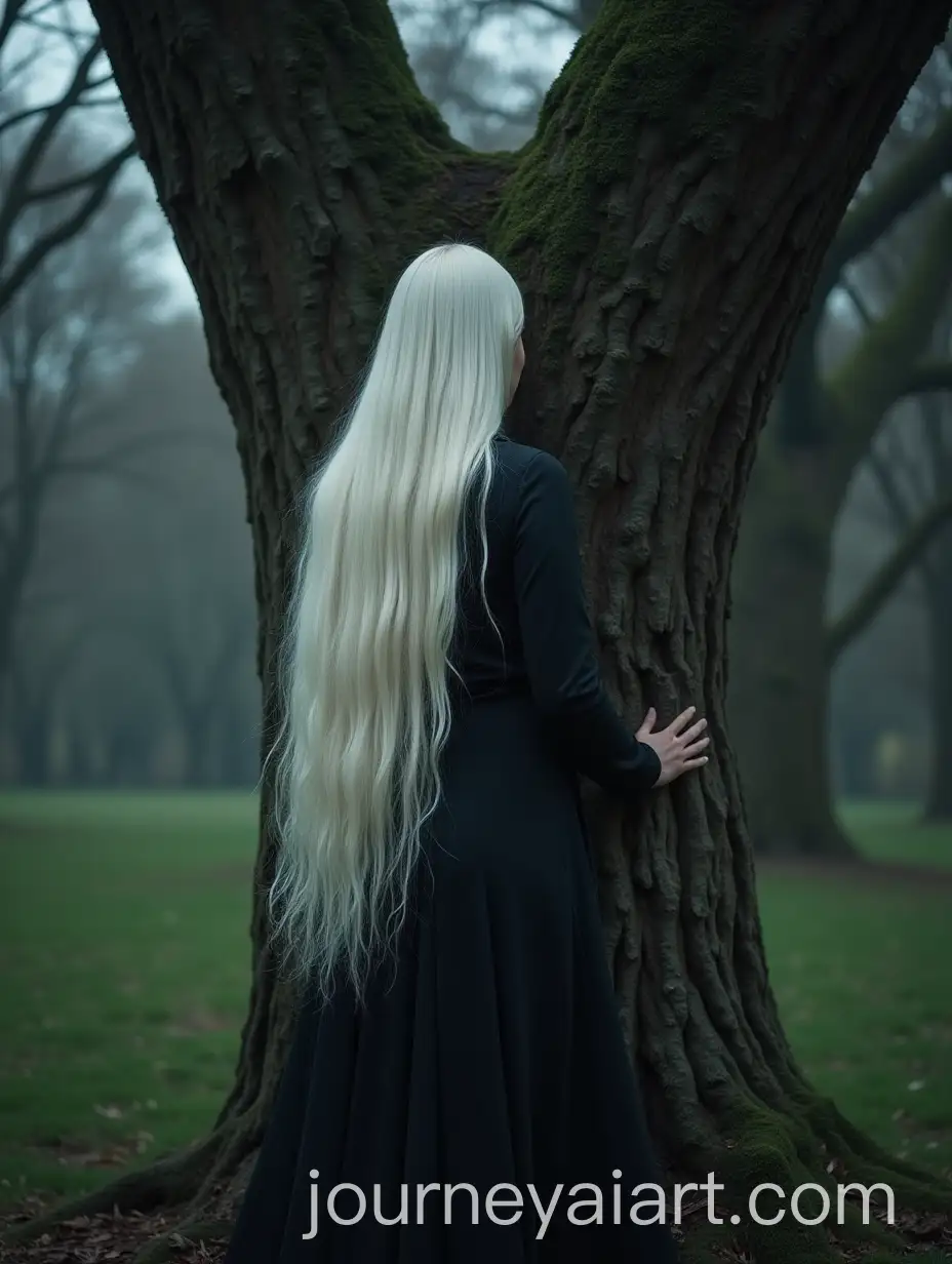 Witch-Woman-with-Long-White-Hair-Transformed-into-a-Tree-in-Remote-Setting