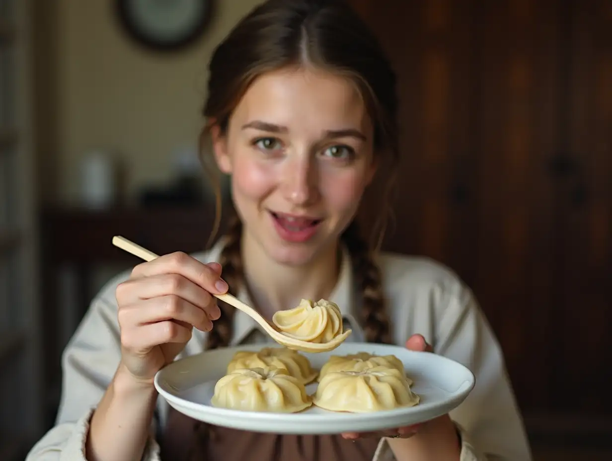 to eat dumplings on a plate with a tray from the young woman's face up