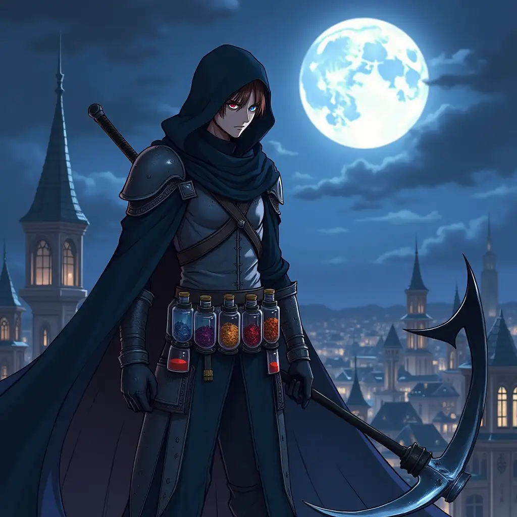 Mysterious Assassin on a Medieval Rooftop Under the Full Moon