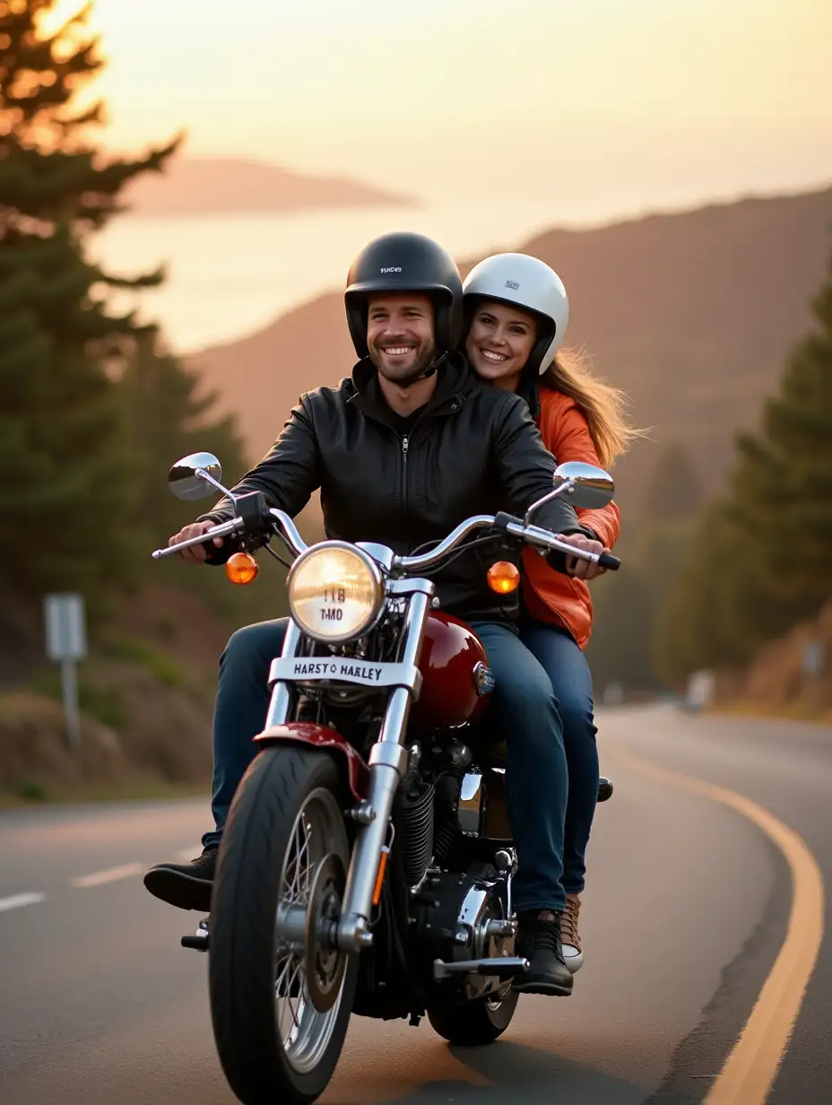 Man-and-Woman-Riding-Harley-Davidson-Motorcycle-on-Scenic-Sunset-Hills-Road