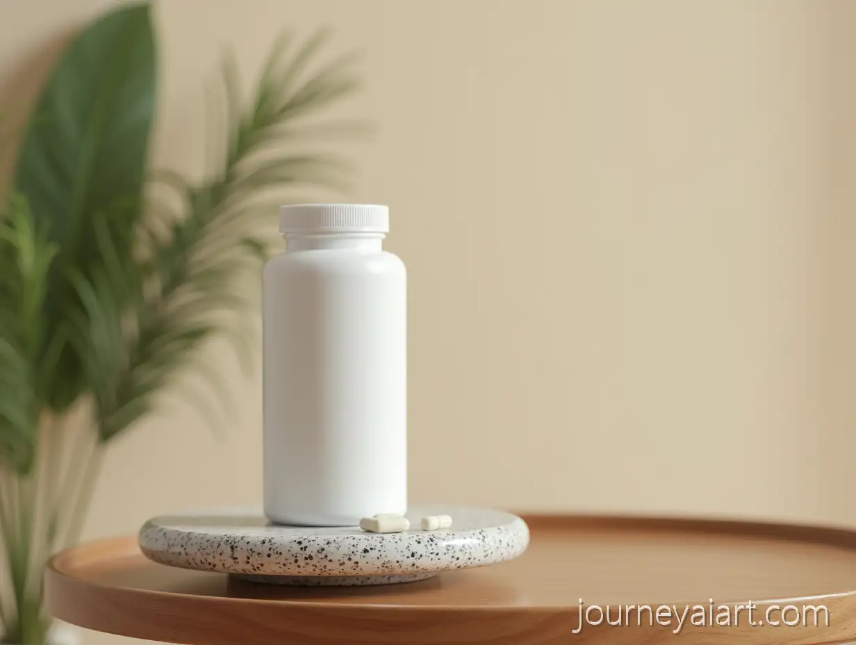 Modern-Minimalist-Composition-of-a-White-Pill-Bottle-on-Stone-Pedestal-with-Wooden-Table-and-SereneMinimalist-pill-bottle-scene-Backdrop