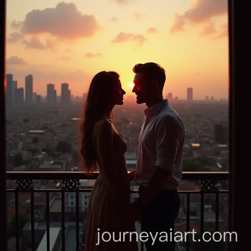 Romantic-Couple-Gazing-Tenderly-on-City-Balcony-at-Sunset