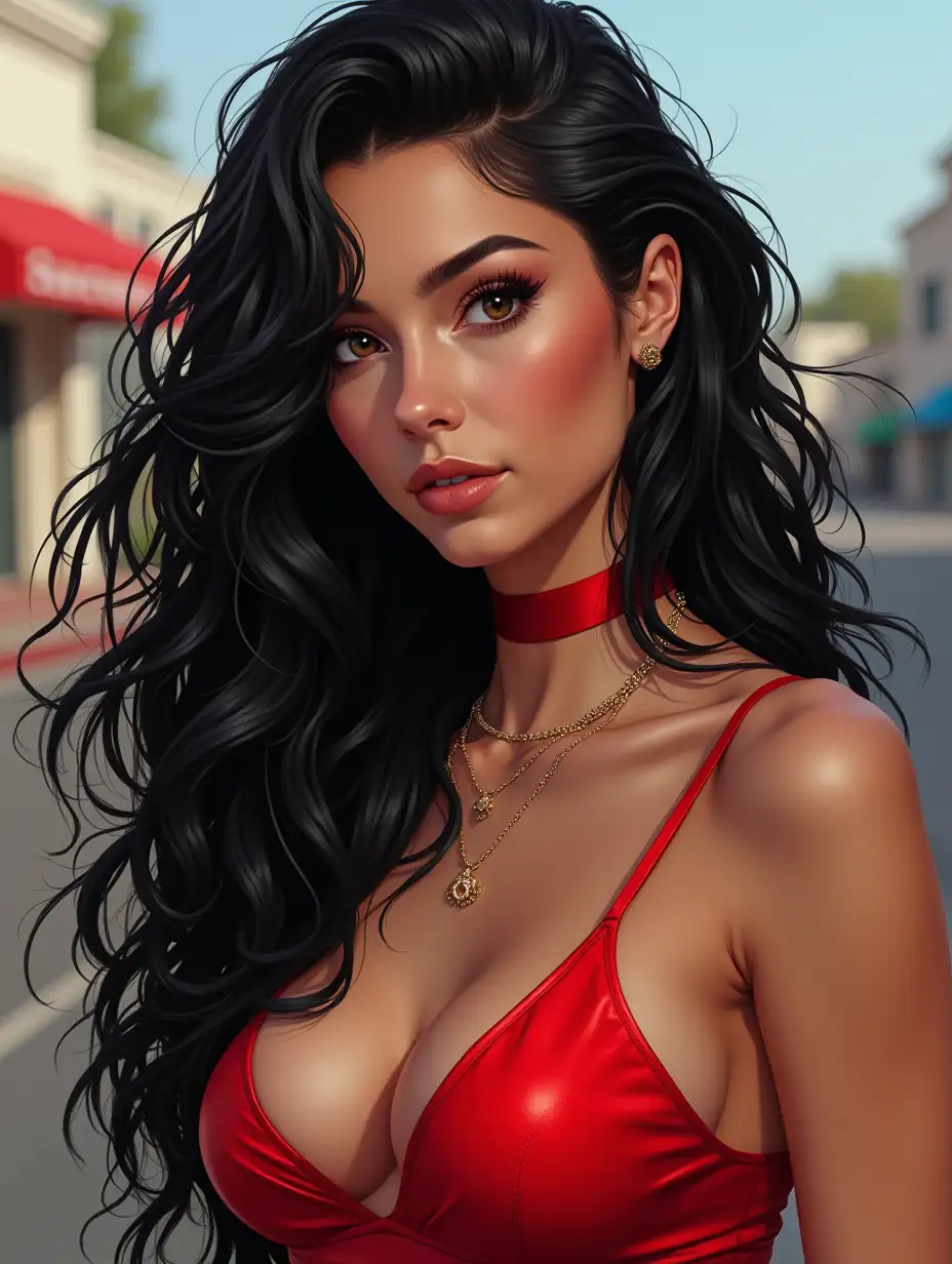 Depiction of a beautiful white woman with long mixed white-black hair in a street racer style