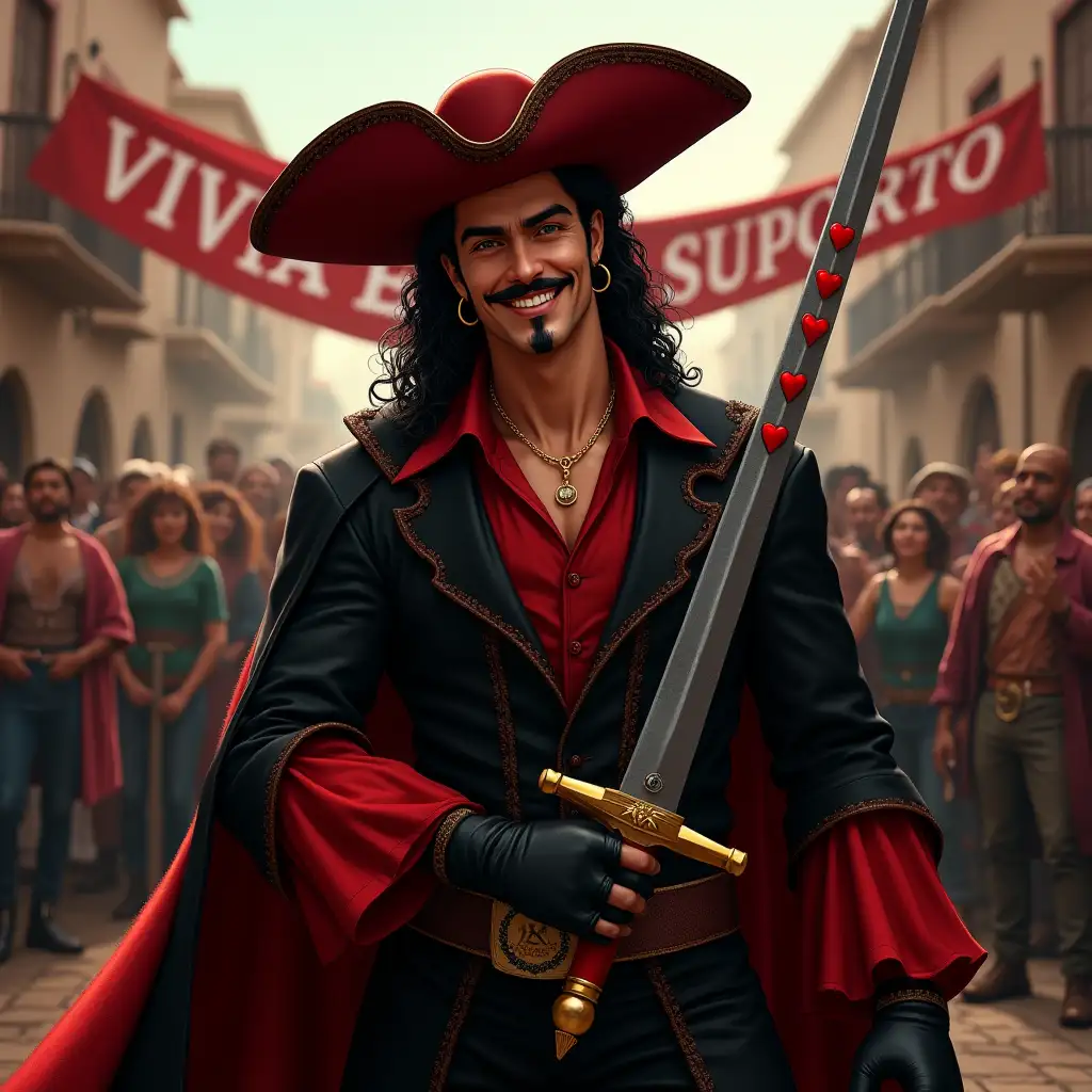 Make me a version of Zorro in the foreground called El Supporto, he smiles coolly into the camera, he wears black clothes, a black shirt with red ruffles and sleeves. a black cloak, he has long black curly hair, a red tricorn hat with black edges on his head. a long, narrow mustache and a small goatee. He wears a gold hoop in his ear. In one hand he holds his beautifully decorated sword, he holds the sword straight up, three red hearts are impaled on the fencing sword. In the other hand he holds a black rose. In the background is a Mexican village. A large banner is stretched over the street, it says 'VIVA EL SUPPORTO' with some red hearts next to the text. There is a large group of villagers standing around El Supporto, the villagers cheer El Supporto, they cheer and clap. Do everything like in a movie scene, with lots of details and realistic